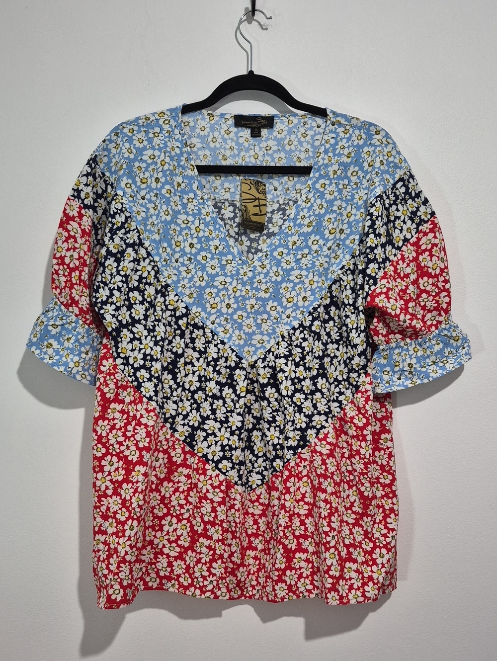SUZANNE BETRO DASIY PATCHWORK TUNIC PUFF SLEEVES NWT